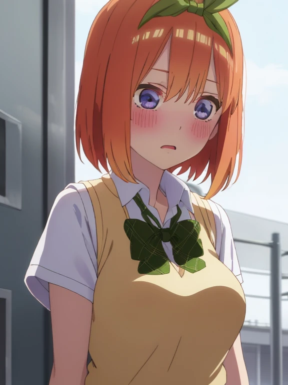 best quality, insanely detailed,yotsuba nakano, breasts, blush, back style, look into the distance, school background, sweater vest, white shirt, bowtie, short sleeves