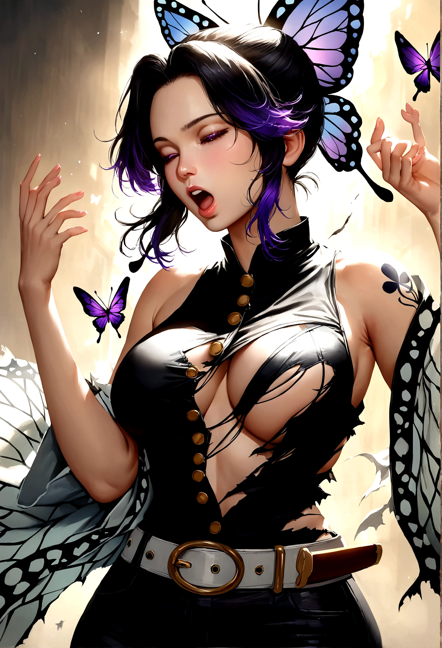 Realistic, High resolution, Soft Light,1 Female, alone, Hip Up, (Detailed face), we \(one piece\), tattoo, jewelry,kochou shinobu,Multicolored Hair,No bangs,Hair Intake,Purple eyes,amount,Black Shirt,Black trousers,Haori,butterfly,button,belt, knife, ((torn clothing:1.5)), ((Close your eyes and yawn loudly)), ((Voluptuous body)),
