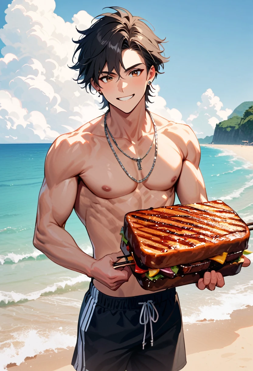 A young man, 22-years-old, solo, Caucasian, masculine face, muscular physique, shaggy tousled black hair, brown eyes, cheerful smile, mouth open, no shirt, shirtless, black swimming trunks, thin silver necklace, small silver earrings, beach, holding a skewer with grilled meat on it