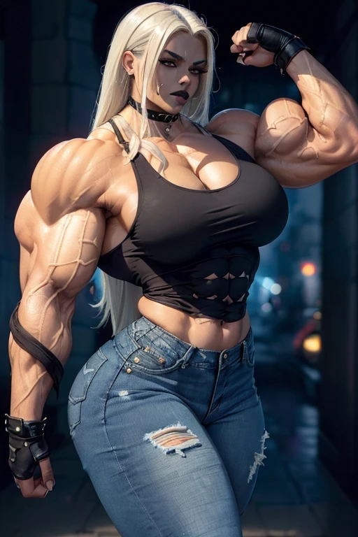 (((((Massive, beautiful, buff, light brown skinned muscular woman with white hair, black lipstick, ginormous bulky muscles, walking and wearing a black tank top with tight denim jeans))))), (close view), massive muscles, hyper muscles, long straight hair, ((black tank top)), blue eyes, (spiky gauntlets), choker, ((tight denim jeans)), black boots, (in the Darkened city), (Dark and moody universe:1.3), closed smile, night, 