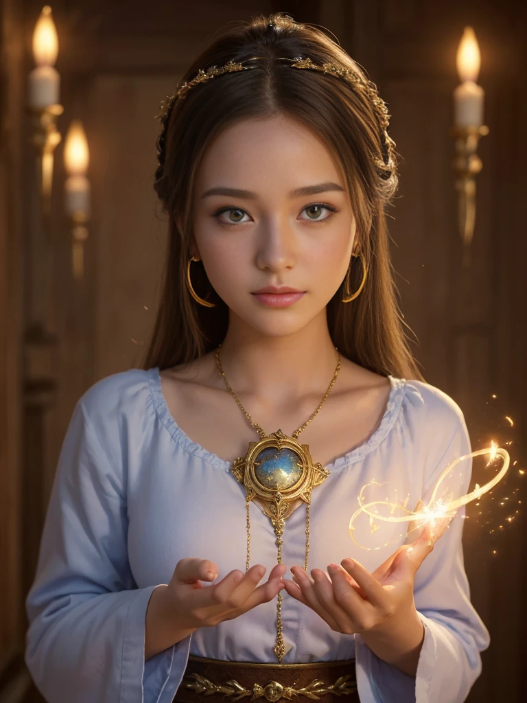 (masterpiece, best quality:1.5), highest quality, High resolution, super detailed, Realists, Upper body photo of a brunette young magical girl, detailed and beautiful eyes, beautiful detailed lips, very detailed eyes and face, longeyelashes, shiny satin dress, Holding a magic wand in your hand, Cast a transformation spell, With her stick she turns bananas into milk, Glowing wands available,Beautiful and colorful makeup, elegant and noble々The jewelry bag, Gardens as background, soft daylight, bright colors, fine brushstrokes, Portrait style, Silk dress fabric, beautiful color palette, glowing skin, First-class rendering, that captures every detail, enchanting atmosphere, subtle shadows and lights, (perfect anatomy:1.2), (The stunning Magical Girl turns banana into milk. Milk on the table(a transformation with the magic wand:1.4), (magnificent panorama view:1.2)