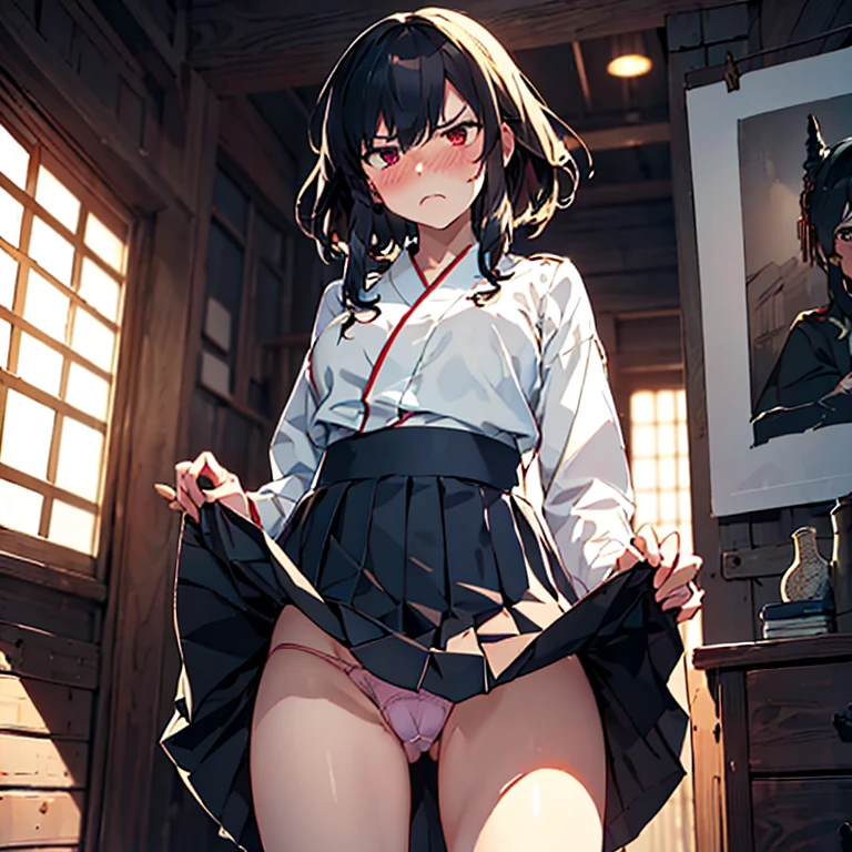 yamashiro_kantaicollection,hakama, (masterpiece:1.4),(best quality:1.4), (amazing), (great illustration:1.4), (ultra-detailed:1.4), (art CG, 8K), (skirt lift:1.4),(flipped my skirt:1.4),show panty,rage,(displeased:1.4),(blush:1.2),full body,standing,1girl solo,panties