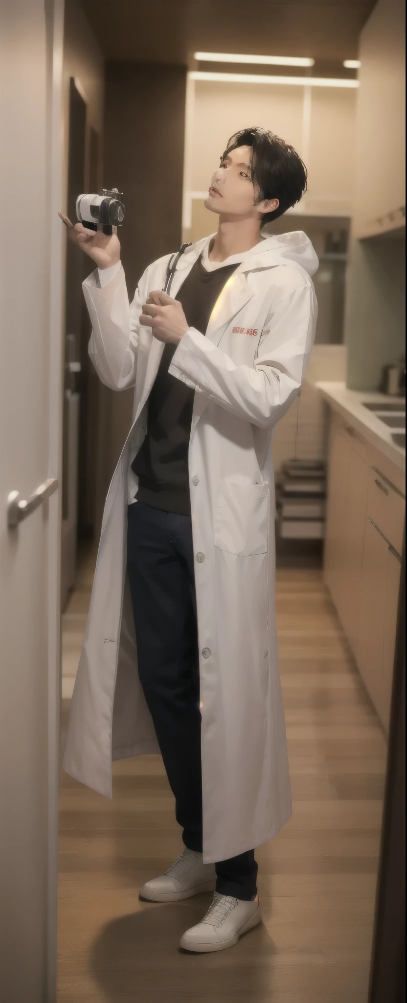 (photorealistic:1.2), (high detail face:1.3), (high detail hands:1.3), (anatomically correct hands:1.2), handsome young asian man, Japanese idol style, short clean-cut hair, ((center part)), white lab coat, black hoodie underneath, calm confident expression, hands in lab coat pockets, plain white background, portrait, high quality, detailed, 8K, (realistic skin texture:1.2), (sharp focus:1.1)