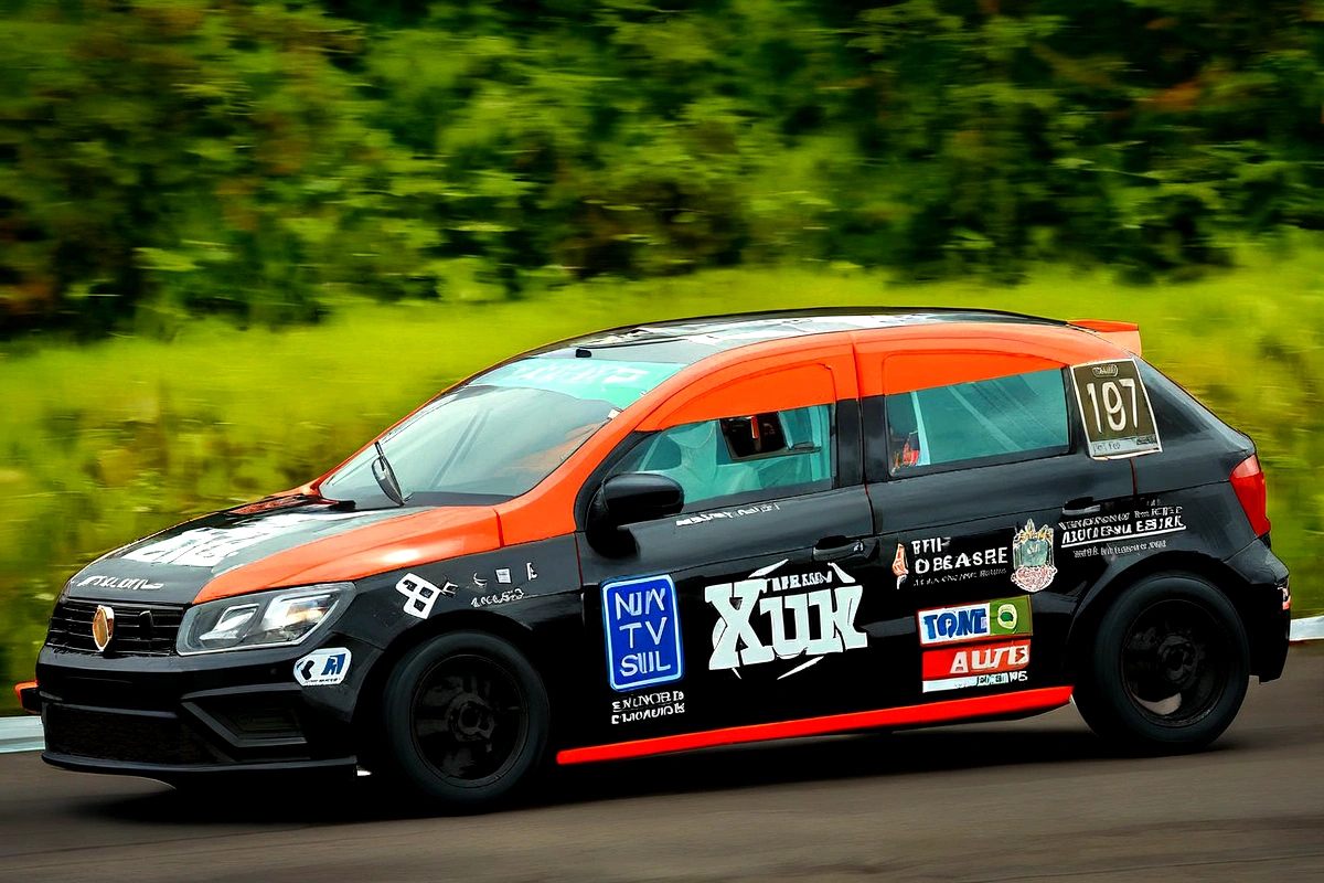 Race car, running on a track, black and orange