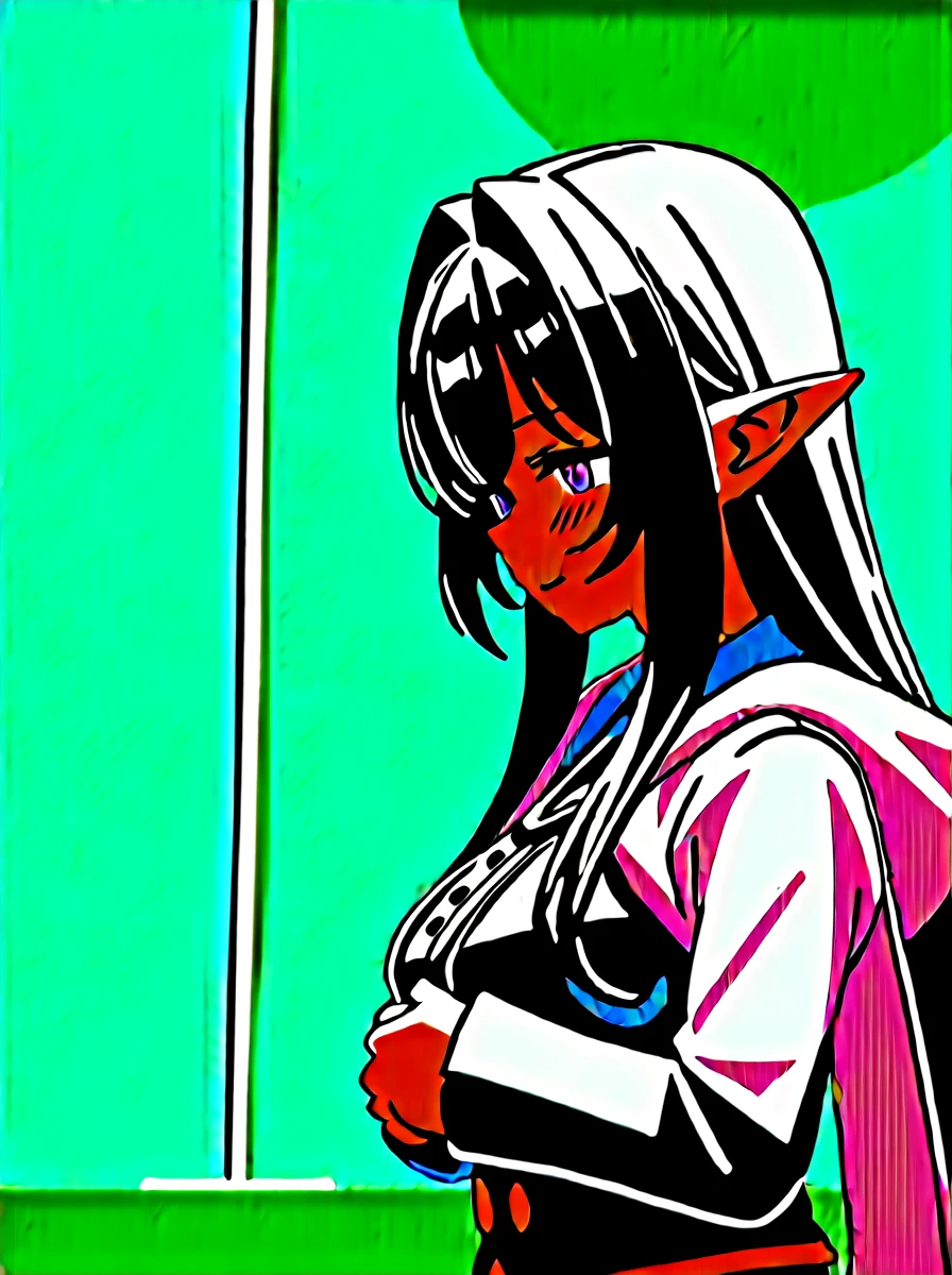 Absurdres, masterpiece, best quality, (ultra-detailed), (nice hands, perfect hands), ideal ratio body proportions,
BREAK
(vector outline, flat color:1.3), ((1girl)), solo, stand, (breast hold), from side, close-up upper body, in the forest, waterfall, sunlight through trees, beautiful lighting,
BREAK
cute girl, 25 years old, detailed purple eyes, (eyes highlight), (black long straight hair:1.5), large breasts, (dark skin:1.3), (elf ears, pointy ears), embarrassed smile, (closed mouth:1.3), (full-face blush), floating hair,
BREAK
(wearing elven armor), white fur cloak, gauntlets, fur boots