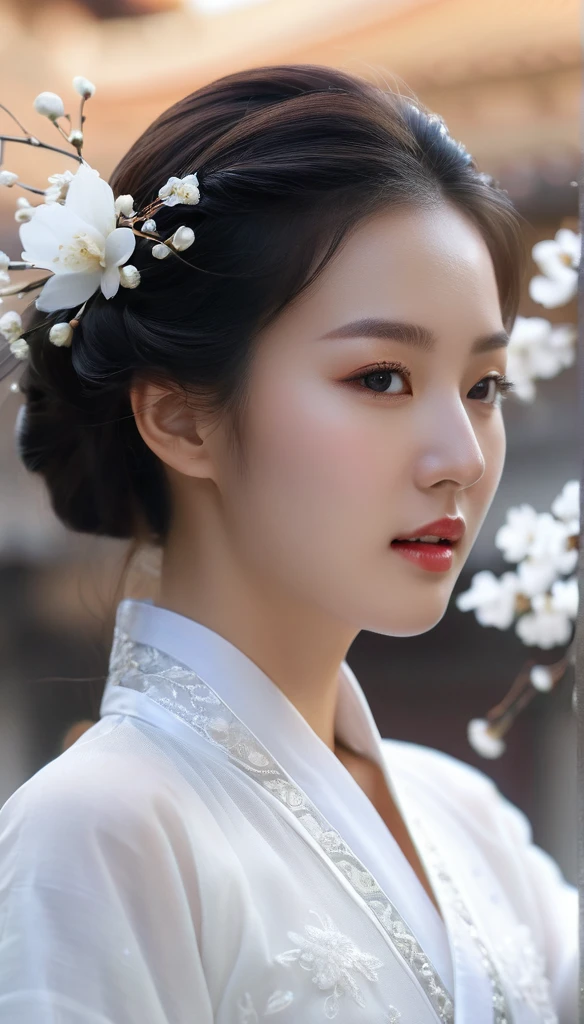 beautiful Korean woman, (((Mikamaria))), (motion blur:1.3), abnormally stunning beautiful face, black and white close-up,woman in intricate pure white hanbok dress, Flying in the air like a Chinese movie ,spinning frantically, translucent tingling air particles on dress hem,in ancient china, professional fashion photography,UHD, 4k, 8k