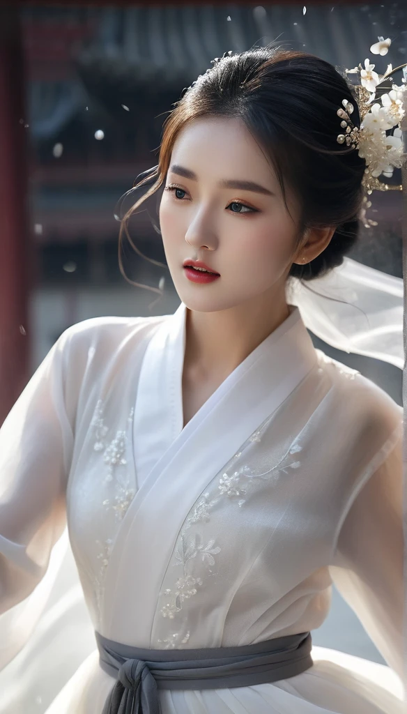 beautiful Korean woman, (((Mikamaria))), (motion blur:1.3), abnormally stunning beautiful face, black and white close-up,woman in intricate pure white hanbok dress, spinning frantically, translucent tingling air particles on dress hem, in ancient china, professional fashion photography,UHD, 4k, 8k