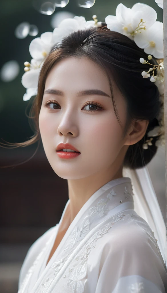 beautiful Korean woman, (((Mikamaria))), (motion blur:1.3), abnormally stunning beautiful face, black and white close-up,woman in intricate pure white hanbok dress, spinning frantically, translucent tingling air particles on dress hem, in ancient china, professional fashion photography,UHD, 4k, 8k