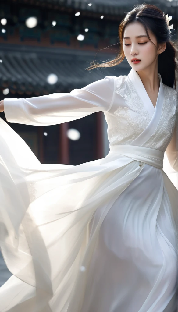 beautiful Korean woman, (((Mikamaria))), (motion blur:1.3), abnormally stunning beautiful face, black and white close-up,woman in intricate pure white hanbok dress, spinning frantically, translucent tingling air particles on dress hem, in ancient china, professional fashion photography,UHD, 4k, 8k
