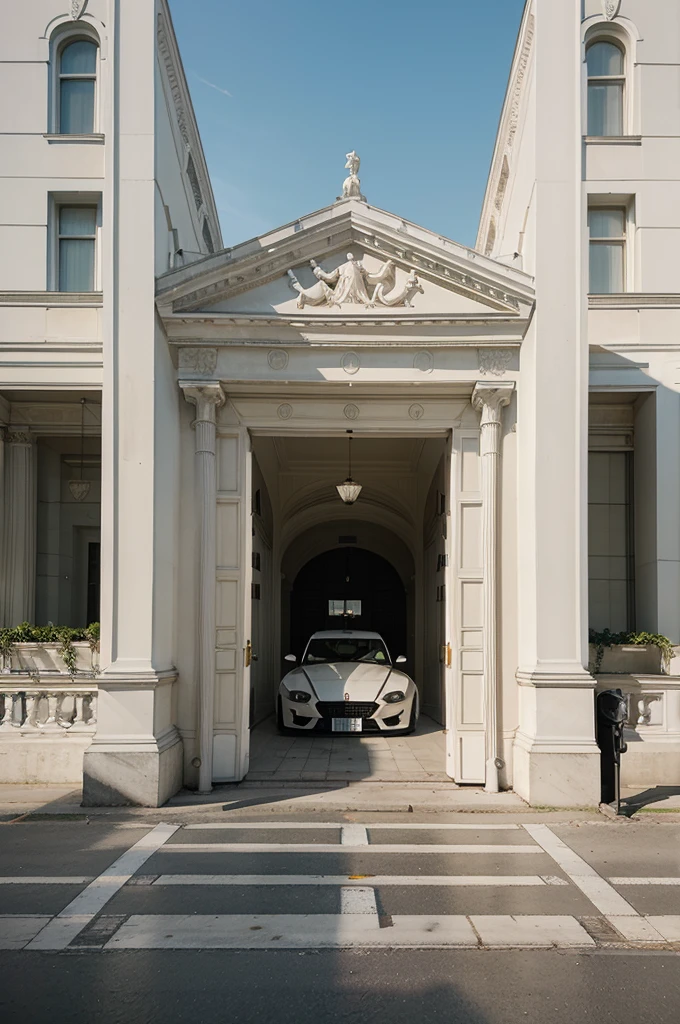 a view of a building with a car parked in front of it, neo - classical style, neo-classical, neo - classical, neoclassical style, neo classical architecture, art nouveau masterpiece, neoclassical architecture, neoclassicism style, white building, neo-classicism, neoclassical police station, by Vadym Meller, building facing, architectural visualization