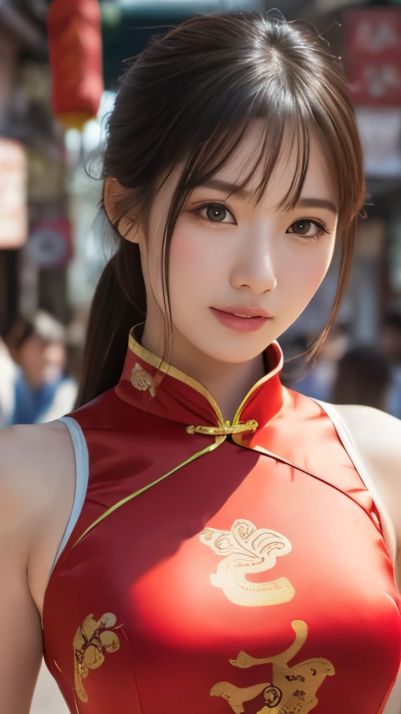 (Realistic: 1.4), (Highest quality: 1.4), Ultra-high resolution, (fine grain),((Kung Fu Pose)),One Young Woman,Big Breasts,((Wearing a Chinese dress)),smile,Sunburn mark,Big eyes,Blushed,Highly detailed face and skin texture, Healthy Skin,(Chinatown),8K resolution