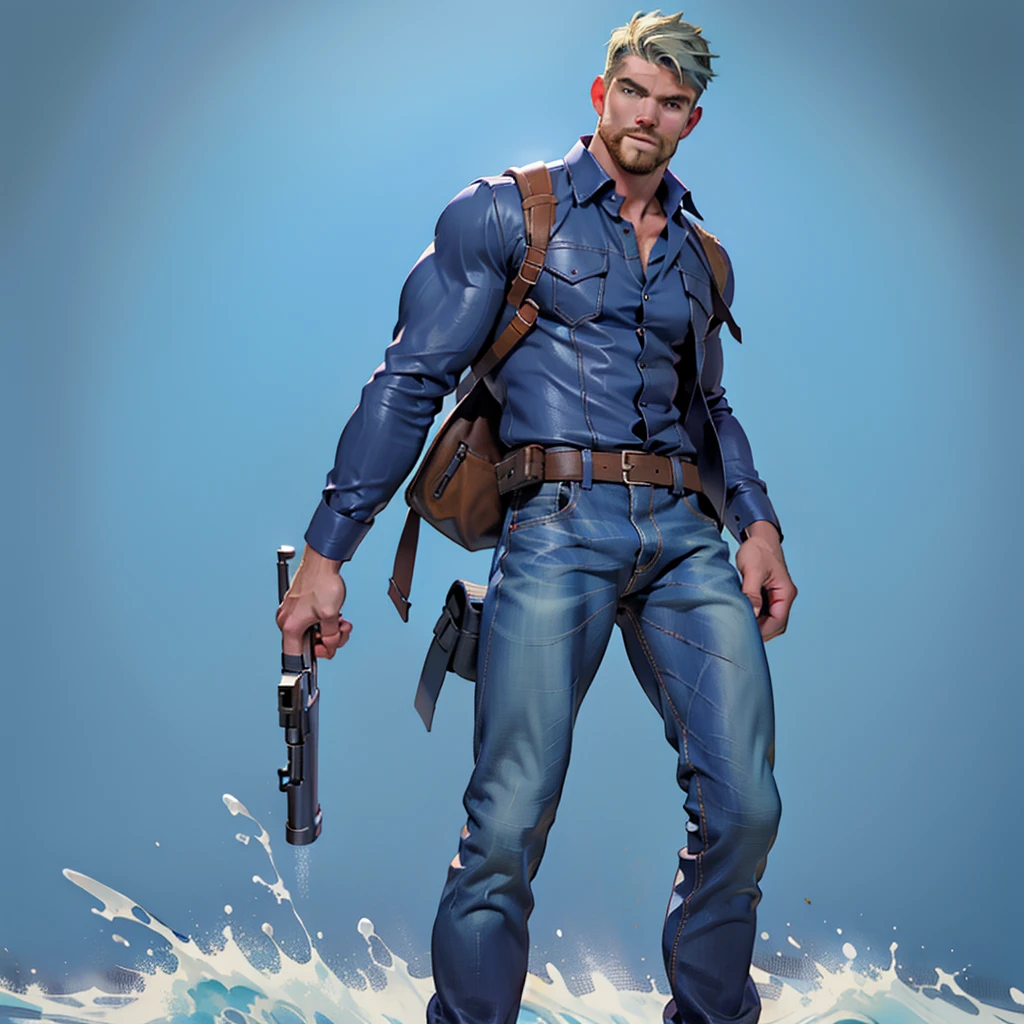 1 man, male focus solo, middle aged man,Stephen AMELL as private investigator, lean muscle,very light blue shirt, brown leather shoulder holster, faded vintage blue jeans with bulge, full body shot, dark blond short hair, facial hair, holding a gun with two hands, (gun:1.2), ultra high quality, masterpiece, low camera angle, intense splashed blue and white paint in the blackground