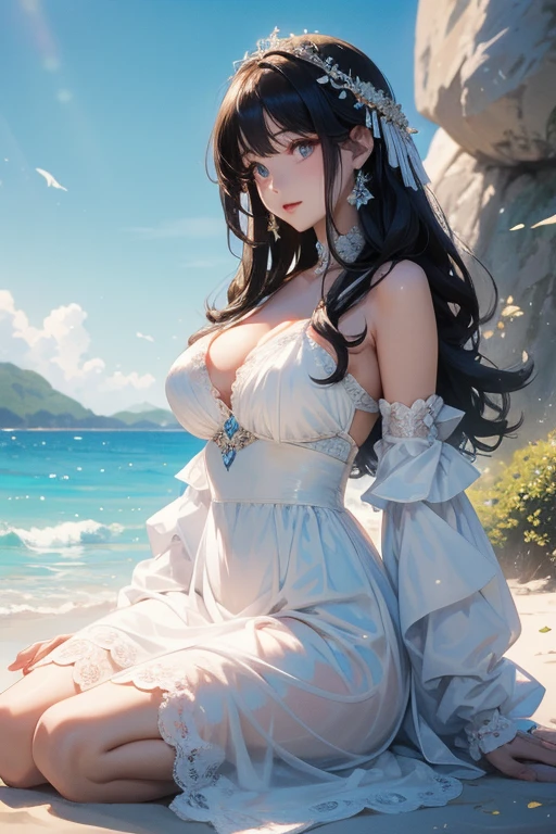 (Highest quality、masterpiece、High resolution、8K)、Vibrant colors、1 Female、Long black hair、Miho no Matsubara、Hagoromo Legend、Beautiful woman in white lace dress jumps high、Official Art、The background is the sea、blue sky、Wide sandy beach、Large pine forest、
