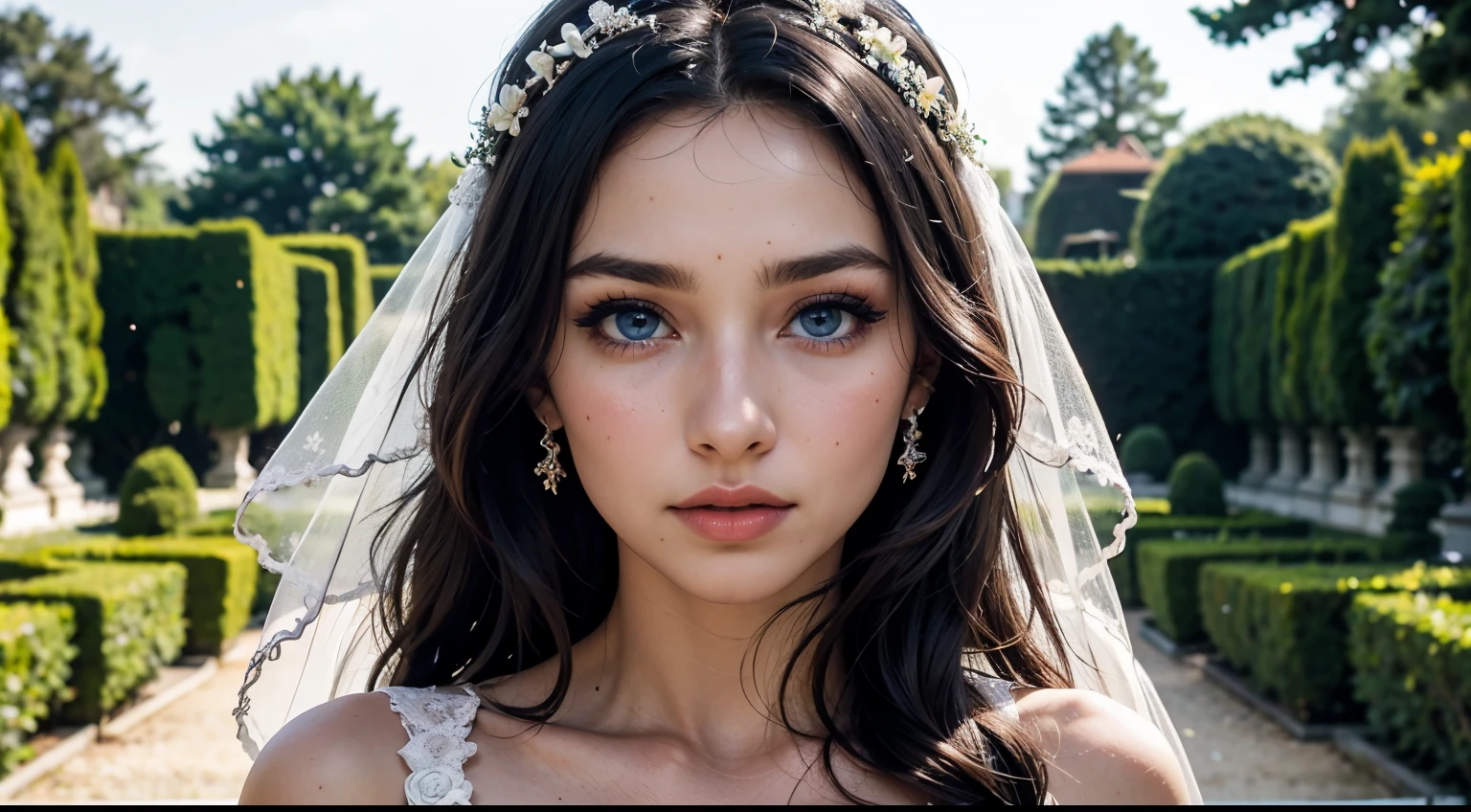 35mm film, solo, makeup, ((blue eyes)), looking at viewer, upper body, epiCPhoto, focus on face, ((wedding dress)) close to viewer, intricate lines, ((palace gardens)), sharp magnificent details, delicate features, elaborate details, beautiful girl, black hair, (((long hair))) 1girl, eighteen year old woman ((upper body)) (Acne), ((natural lighting))
