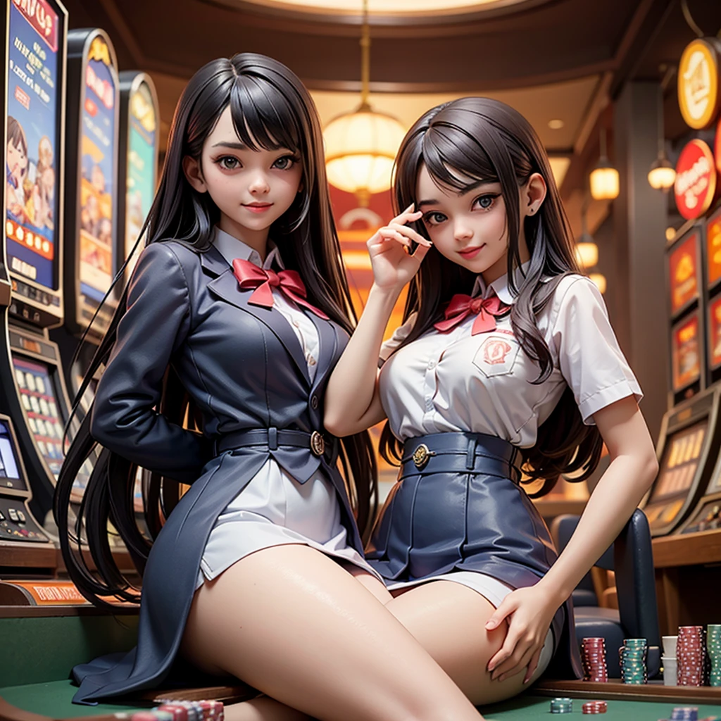 ((best quality)), ((masterpiece)), (detailed), happy and smile, {{indonesian girl}}, {wearing high school uniform}, teasing and waiting customer play, standing, playing in casino, red casino background, polite and kind, Sweet Face, roulette table, poker table, big slot machines right and left, win jackpot, {{no headwear, no hat}}, private casino, crowded gambling area in background, so crowded, so many people, las vegas, american, illusions, halloween casino, dont wear hat, no headwear, no hat, together with thailand and vietnam girl, jumping