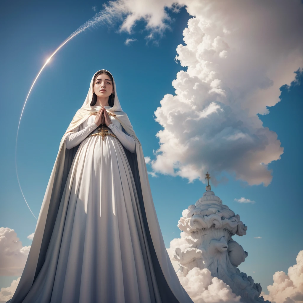 Apparition of Our Lady in Fátima, emphasizing the saint, with a serene and hopeful look, dressed in her white cloak adorned with golden details, standing on a cloud with an aura of radiant light around, background scenery with a clear blue sky, atmosphere of reverence, faith and miracles, illustration, digital art with detailed lines and vivid colors, --ar 16:9 --v 5