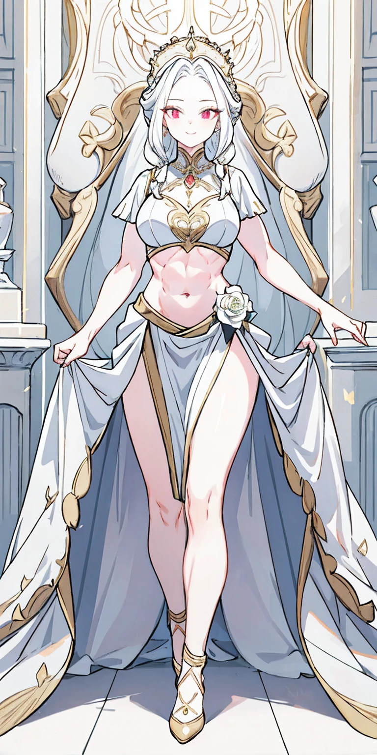 (masterpiece, best quality), intricate details, 1girl, Bridesmaid Muscular full body woman White hair White braid Motherly body smile Porcelain skin Red heels with feet together Long hair Hands on waist Navel Strong abs Direct look Perfect lighting Masterpiece High quality