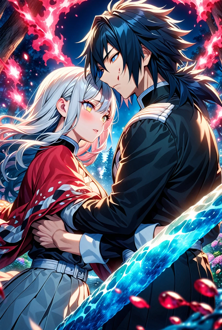 Ultra detailed, high resolution, absurd, HDR, masterpiece, anime girl and boy, beautiful woman (with long white hair with deep red streaks, woman (with yellow eyes), the woman (is wearing a red haori), long hair woman, in black demon slayer corps uniform, Kimetsu No Yaiba, fantasy, handsome, Tomioka Giyu, Hashira, Tomioka haori, Tomioka is serious and focused, couple, night, forest, best quality, extremely detailed face, anime, the woman is really hurt, the woman is covered in blood ,Tomioka is a strong man, the woman is angry, Tomioka Giyu is trying to protect the pretty woman, Tomioka is protecting his lover, both are powerfull, powerfull couple, water and blood power