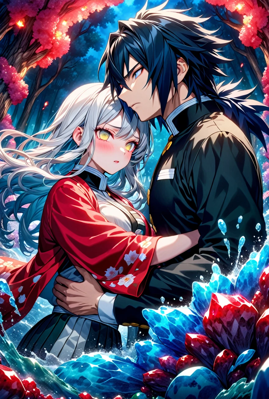 Ultra detailed, high resolution, absurd, HDR, masterpiece, anime girl and boy, beautiful woman (with long white hair with deep red streaks, woman (with yellow eyes), the woman (is wearing a red haori), long hair woman, in black demon slayer corps uniform, Kimetsu No Yaiba, fantasy, handsome, Tomioka Giyu, Hashira, Tomioka haori, Tomioka is serious and focused, couple, night, forest, best quality, extremely detailed face, anime, the woman is really hurt, the woman is covered in blood ,Tomioka is a strong man, the woman is angry, Tomioka Giyu is trying to protect the pretty woman, Tomioka is protecting his lover, both are powerfull, powerfull couple, water and blood power