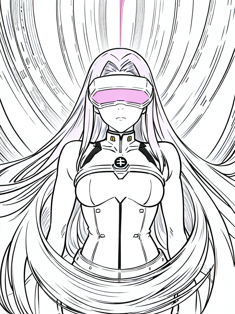 (1girl,20 years old,solo,adult),pink hair,long hair,(medusa hair),serious,((black bodysuit)),(white background,line drawing),head-mounted display,portrait