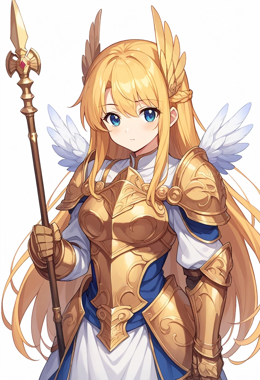 Highest quality, high resolution, High quality game art style, Valkyrie,Official Art, Smooth game CG art,Cute 3D anime girl render, Visual Novel Sprites, White background,Smooth game CG art, A woman wearing a white dress and blue armor, An intricately designed helmet with white feathers,Small shield, In his right hand he holds an elaborate long spear.,Intricate blue and gold armor,Golden Hair, long hair, female knight, Rin々Shii,Large Bust,,