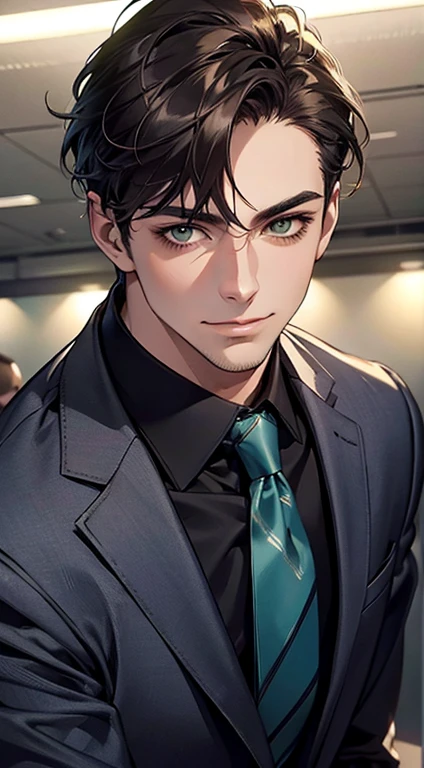 (Highest quality,4K,8K,High resolution,masterpiece:1.2),Super detailed,(Realistic,photoRealistic,photo-Realistic:1.37),1 person,34 years old,Mature Men,Beautiful skin、very handsome,Expressionless smile in love,Short dark blue hair,green eyes,Sharp Eyes,A perfect face without a doubt,Businessman,Office Background,Cinema Lighting,HDR image,tie、