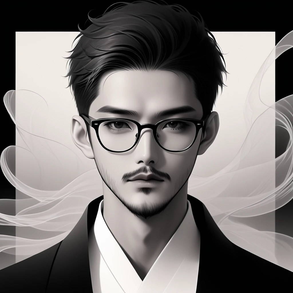 an Asian man with stubble, short beard, short mustache, Beard scum, slightly curly hair, and black square plastic-framed glasses,unique,portrait,artistic conception,abstract,black and white