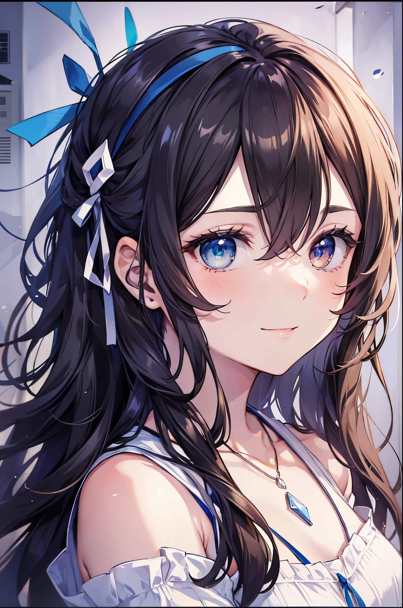 (high quality, Breathtakingly beautiful),(Expressive eyes, Perfect Face) Portraiture, One girl, woman, alone, 成人woman, mother, Age: Late 20s, Brown Hair, Heterochromia Left eye is brown、Light blue right eye, shoulder-length medium hair, White ribbon in hair, White headband in hair, Soft wavy hair, A kind smile, Hair loss, Side bangs, View your viewers, Portraiture, Happy expression, Modern Fashion, V-neck short-sleeve blue shirt, Loose fitting blouse, Off-the-shoulder coat, Black jeans, Small Necklace, elegant, mature, Height 5"6, Haruhi Suzumiya-like hairstyle