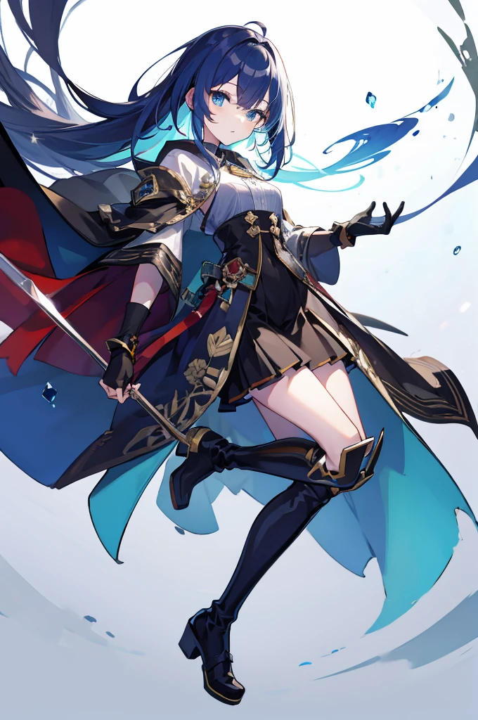 masterpiece, Highest quality, Highest Resolution, clear_image, Detailed explanation): (alone, The Face of Japan, Blue Hair Girl, Semi-long hair, Full body portrait, Sparkling blue eyes, Black, Clothing that covers the entire body,  Exoskeleton, Knee Boots, heroine, gloves)