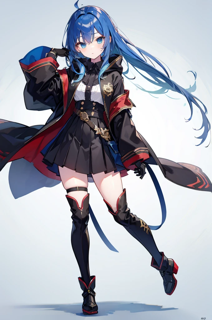 masterpiece, Highest quality, Highest Resolution, clear_image, Detailed explanation): (alone, The Face of Japan, Blue Hair Girl, Semi-long hair, Full body portrait, Sparkling blue eyes, Black, Clothing that covers the entire body,  Exoskeleton, Knee Boots, heroine, gloves)