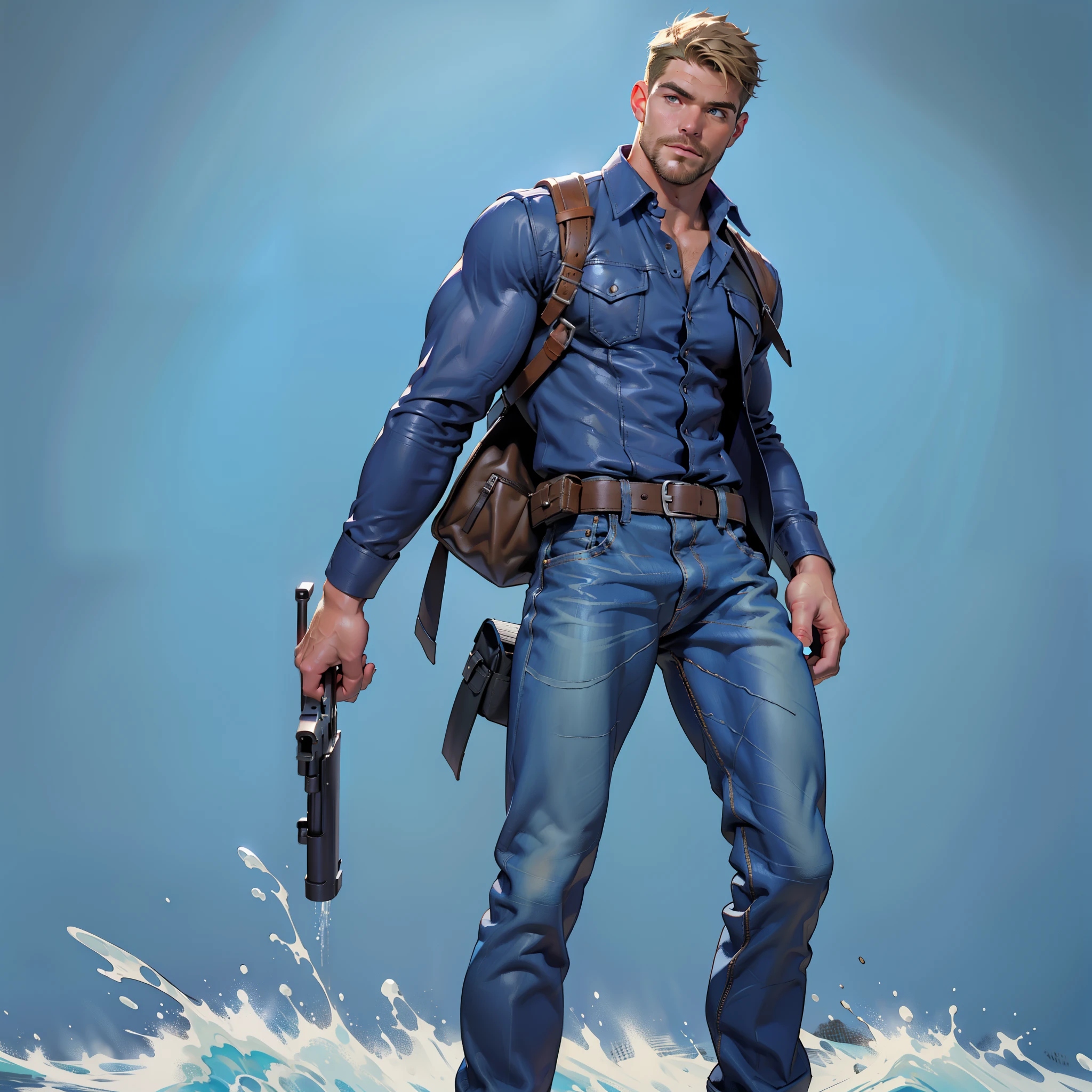 1 man, male focus solo, middle aged man,Stephen AMELL as private investigator,  lean muscle,very  light blue shirt, brown leather shoulder holster, faded vintage blue jeans with bulge, full body shot, dark blond  short hair, facial hair, holding a gun with two hands, (gun:1.2), ultra high quality, masterpiece, low camera angle, intense splashed blue and white paint in the blackground