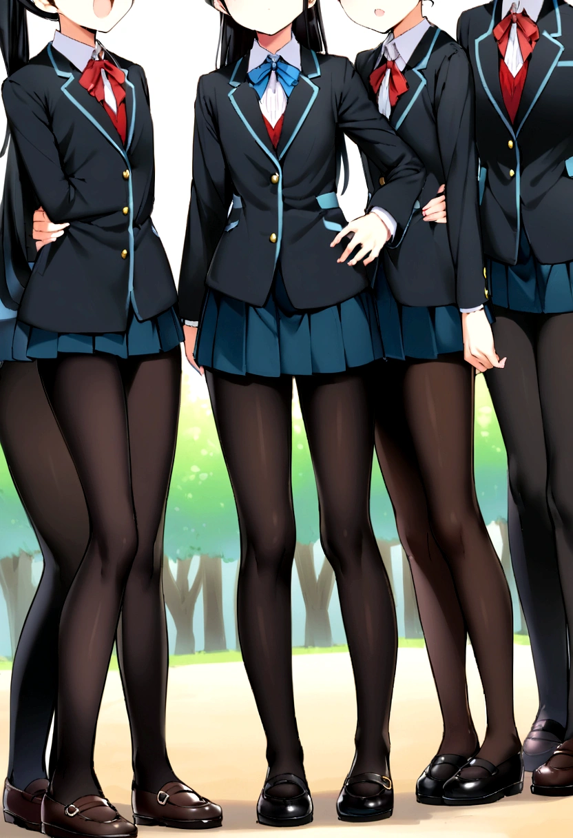 middle School girls、Japanese、12 years old、Junior high school freshman、120cm、black tights、Black Uniform、320 denier tights、Long, slender legs、ponytail