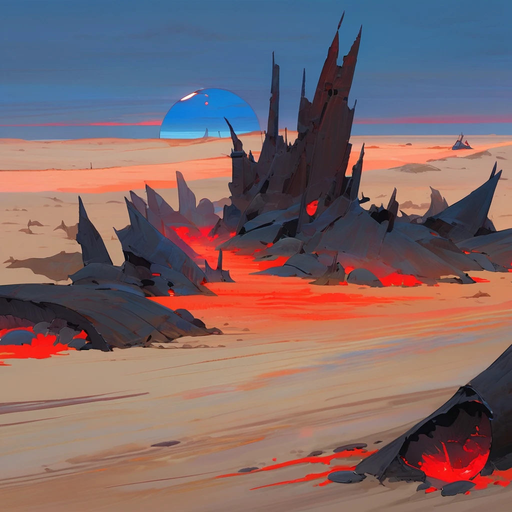 Old West, Desert, horizon, blue Night , from far, Oil paint, red sun,(only blue and black color palette), Giant glass shards in sand, spiky glass structures, massive giant worm crawling in the dunes, sand dunes, dune, worm, darkness, Scary, human corpse,, Dead humans