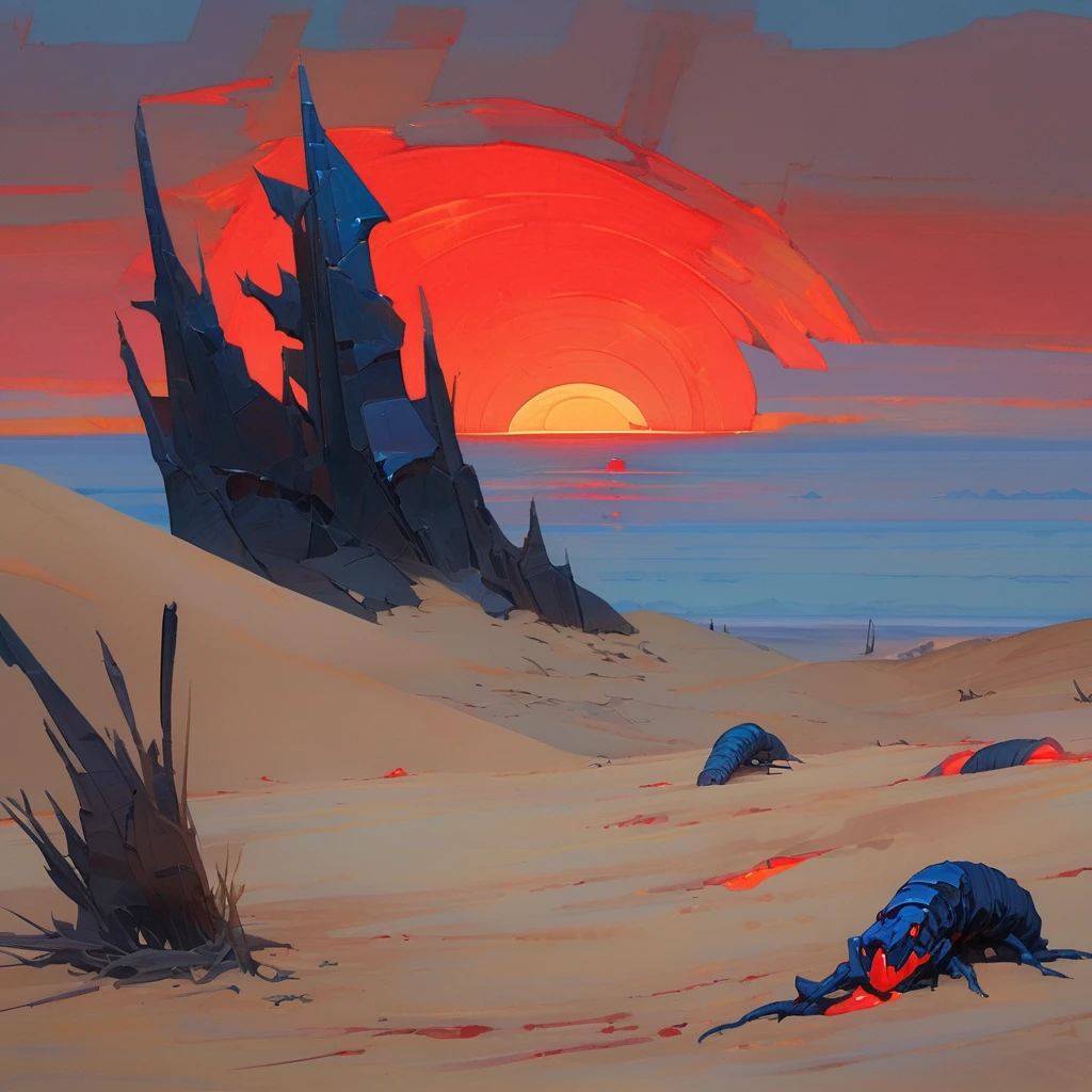 Old West, Desert, horizon, blue Night , from far, Oil paint, red sun,(only blue and black color palette), Giant glass shards in sand, spiky glass structures, massive giant worm crawling in the dunes, sand dunes, dune, worm, darkness, Scary, human corpse,, Dead humans