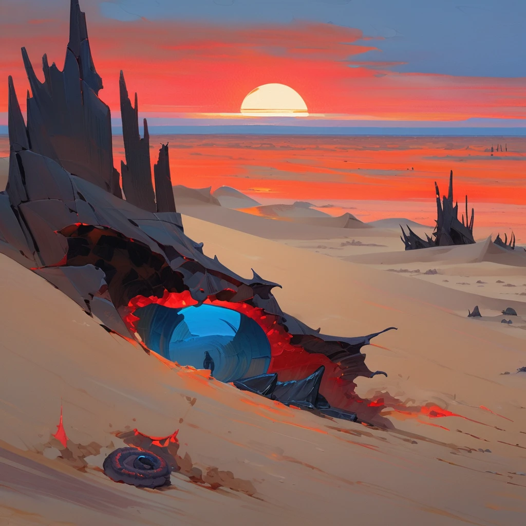 Old West, Desert, horizon, blue Night , from far, Oil paint, red sun,(only blue and black color palette), Giant glass shards in sand, spiky glass structures, massive giant worm crawling in the dunes, sand dunes, dune, worm, darkness, Scary, human corpse,, Dead humans