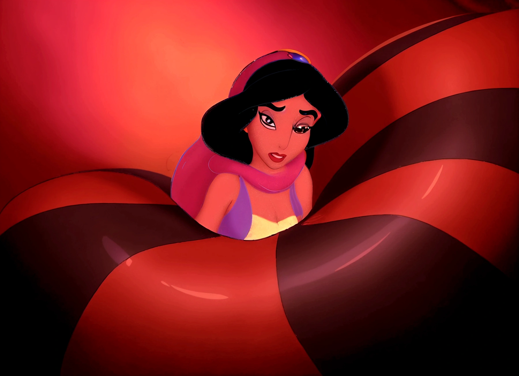 araffe in a red and black striped dress sitting on a giant chocolate donut, aladdin, princess jasmine, female disney villain, disney 2d animation still, disney art style, art in the style of disney, jasmine, style of disney animation, in style of disney animation, classic disney mood, princes jasmin, disney character, genndy tartakovsky