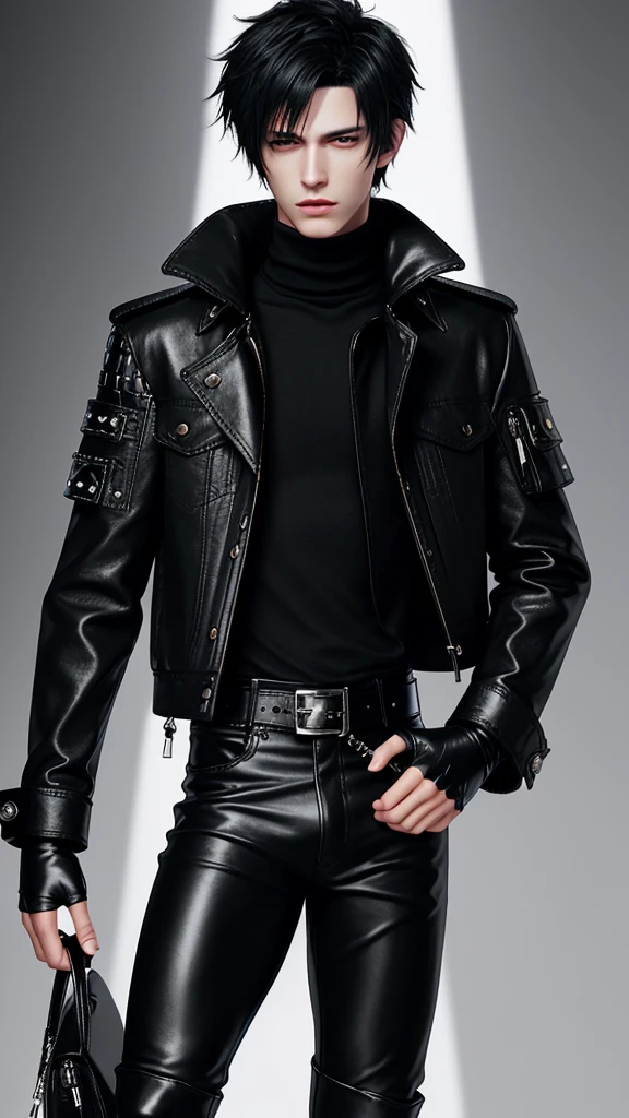 Final fantasy taste and reality graphics, Japanese young cute and cool ikemen boy, his age is early 20s, thin eyebrows and beady eyes, he wearing off white color leather thick material jacket, jacket is singlebrest, biker style jacket, with epaulet, jacket is long sleeve, must close the front of the leather jacket, , jacket is voluminous, ,must jacket is high length and stand-up collar with two belts, must front zip up of leather jacket, jacket is a little black color line pattern,close the front of the jacket, also wearing black thick material turtleneck lackluster shirts, tight black leather pants, shiny black leather tight and thin glove, black leather knee-high raceup boots,must views head-to-toe,must views whole body, boy looks like fashion model,Do not show skin from the neck down,leather jacket leather glove and leather pants have few wrinkles,boy in the room,Avoid showing your innerwear