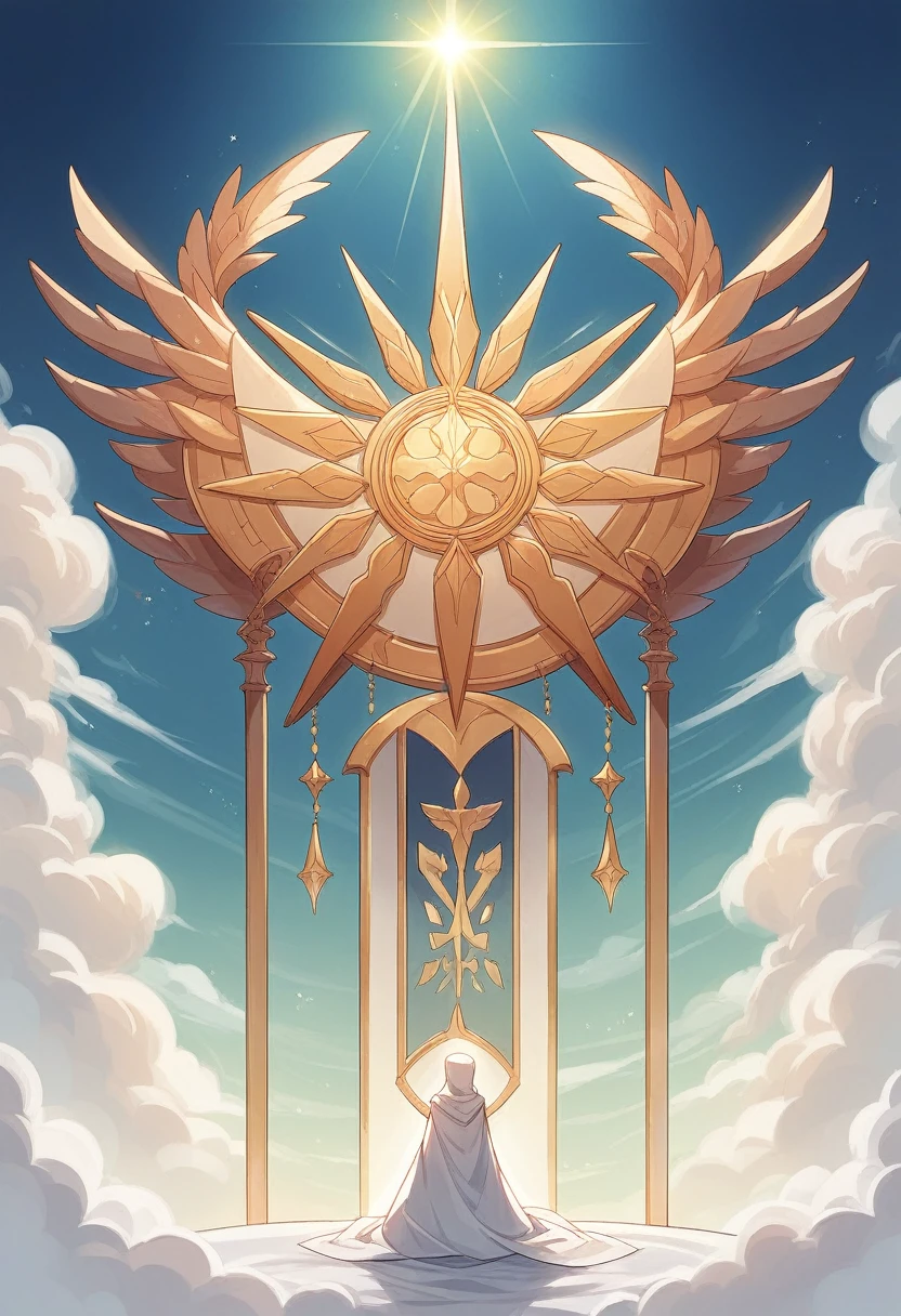 Apparition of Our Lady in Fátima, emphasizing the saint, with a serene and hopeful look, dressed in her white cloak adorned with golden details, standing on a cloud with an aura of radiant light around, background scenery with a clear blue sky, atmosphere of reverence, faith and miracles, illustration, digital art with detailed lines and vivid colors, --ar 16:9 --v 5