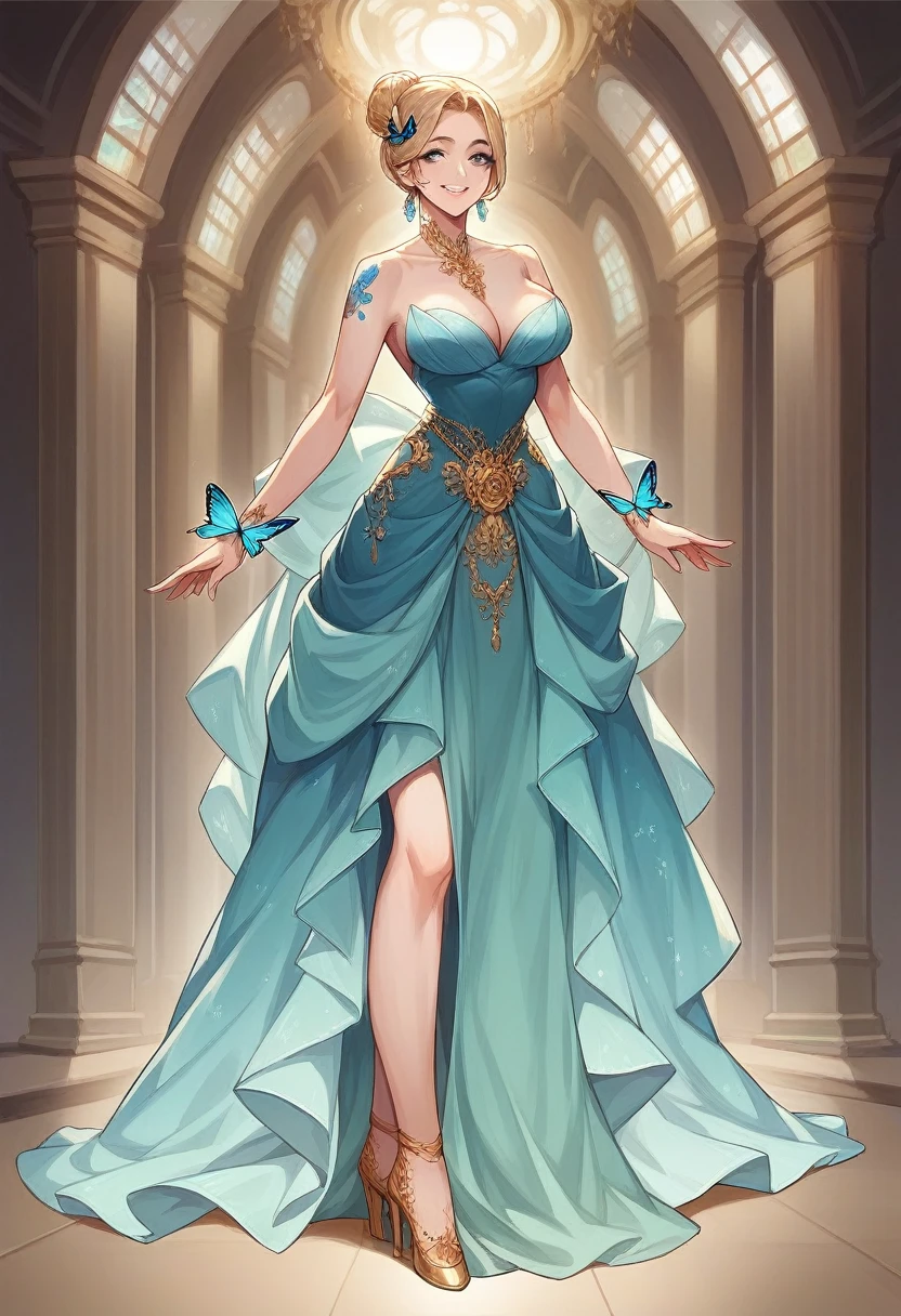 hyper realistic full body portrait of a beautiful girl smiling, hair in a bun, hair decoration, wearing a luxurious dress, luxurious heels, complicated patterns on her back, there is a beautiful butterfly motif tattoo, background studio photo, the woman slightly turns to face the camera, very realistic live image