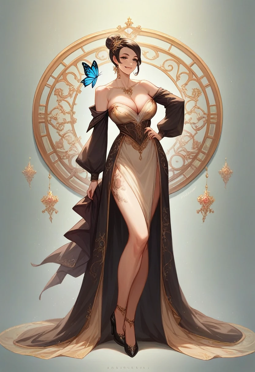 hyper realistic full body portrait of a beautiful girl smiling, hair in a bun, hair decoration, wearing a luxurious dress, luxurious heels, complicated patterns on her back, there is a beautiful butterfly motif tattoo, background studio photo, the woman slightly turns to face the camera, very realistic live image