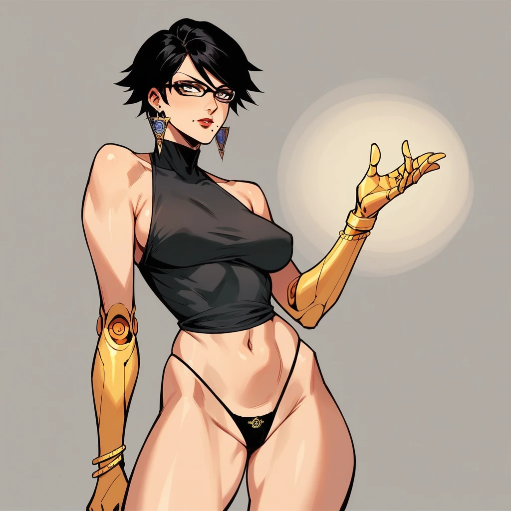  tall beautyfull woman, bayonetta shape, golden robotic arms, short hair, golden earring, black panties, golden bracelet, slender body, natural body, milf
