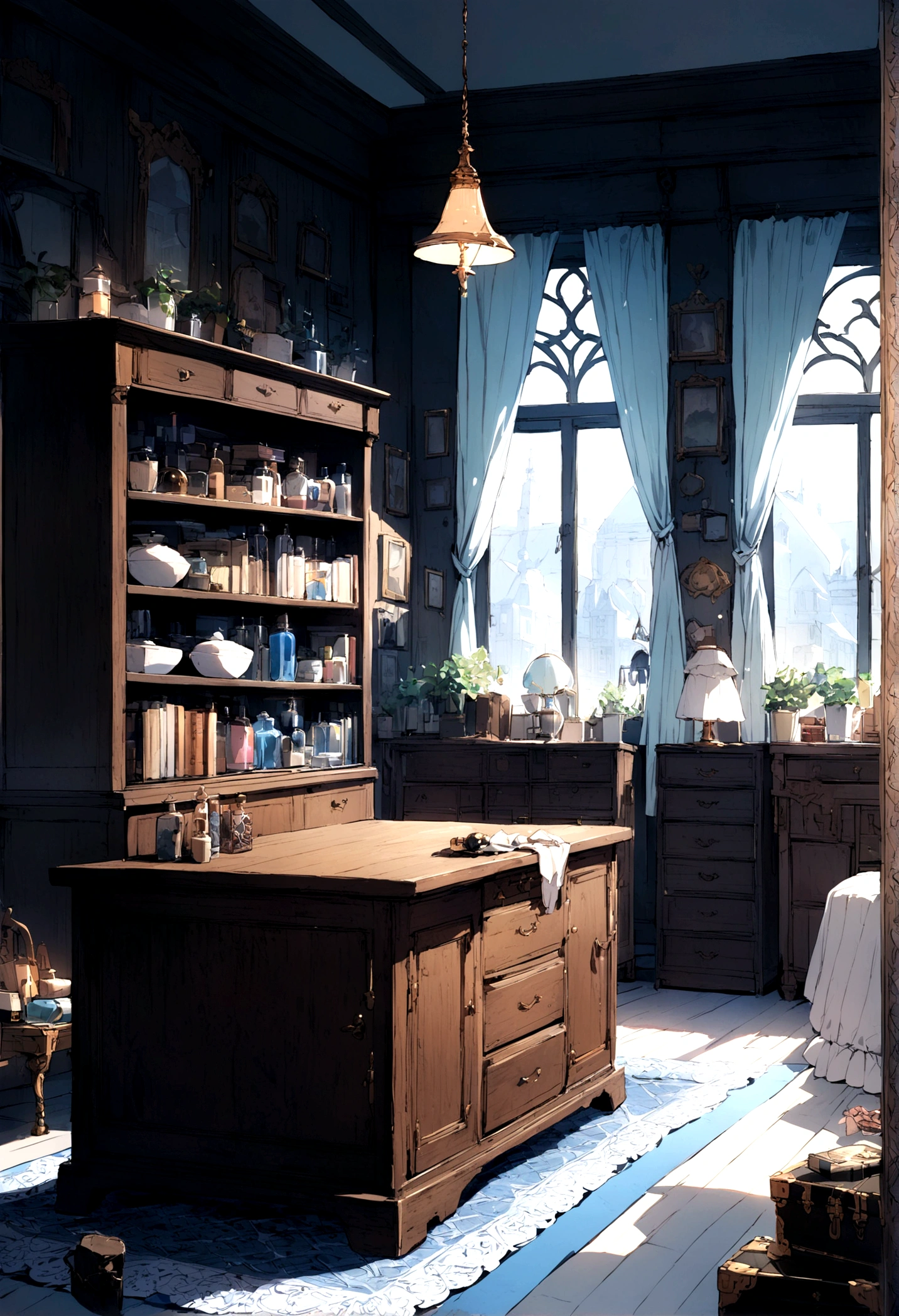 Highest quality、Masterpiece、Girl hobby room background、A cute light blue canopy bed、A chandelier with many lights、A cute white bookshelf with a few books、A cute white desk with a black treasure chest on it、A blue carpet with an intricate pattern、There was a window surrounded by cute light blue frilly curtains.、Two doors、The kitchen space includes a refrigerator and cupboards.
