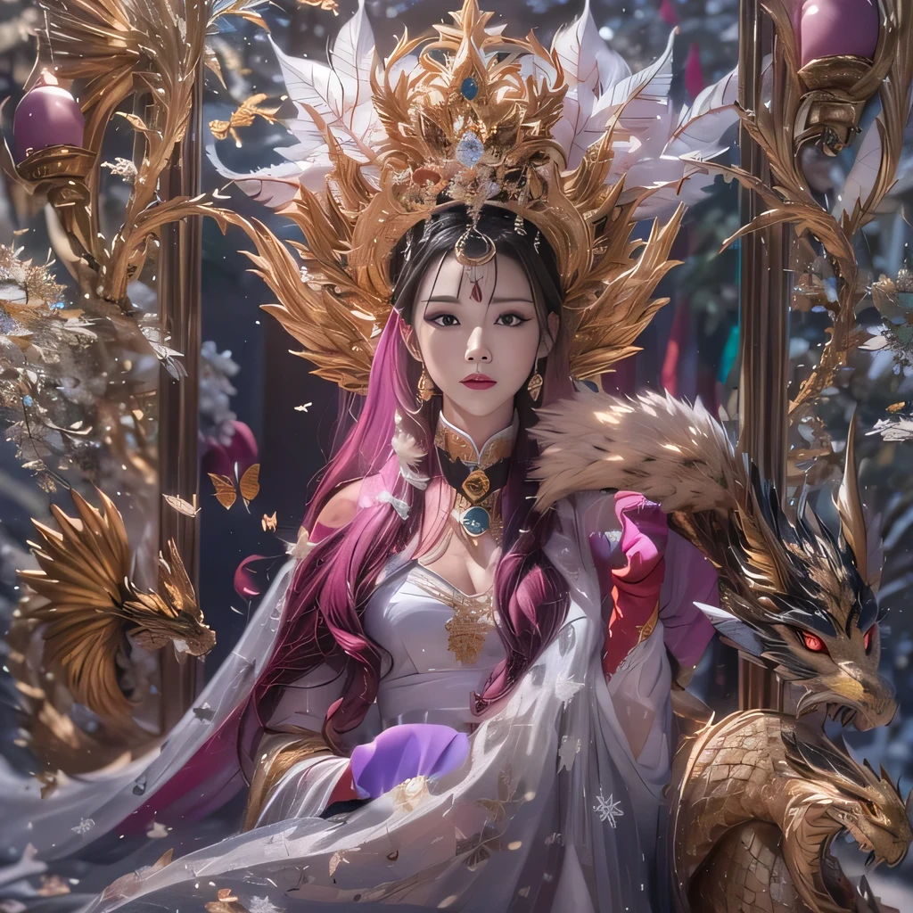 32k(masterpiece,Kilo,hyper HD,32k)Purple pink flowing hair,Gold jewelry area in the back room,King Girl ,Rusted Copper Dragon Guardian (Realistically:1.4),Python print robe,Purple pink tiara,Scattering snowflakes,The background is pure,Hold your head high,I am proud,The nostrils see the person, High resolution, detailed, RAW Photos, sharp, Nikon D850 film stock photo by Jefferies Lee 4 Kodak Portra 400 camera F1.6 shots, Rich colors, Ultra-realistic vivid textures, Dramatic lighting, Unreal Engine Art Station Trends, Cinestia 800,Hold your head high,I am proud,The nostrils see the person,tsundere,Scattering snowflakes,Scattering snowflakes,Scattering snowflakes,Scattering snowflakes,perfection,( Streamlined Design, Clear lines, High sharpness,Highest quality, Very detailed, masterpiece, Official Art, Cinematic lighting effects, 4K )