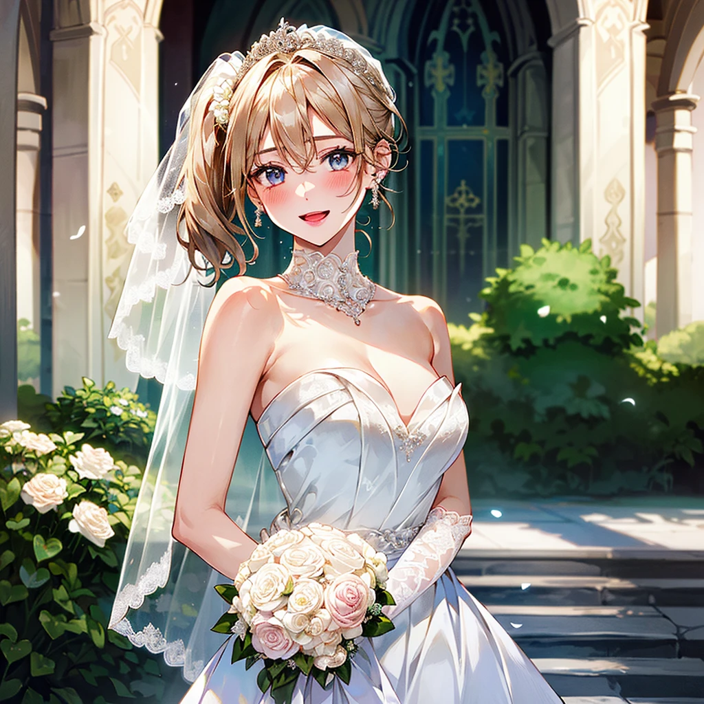 (masterpiece:1.3, top-quality, ultra high res, ultra detailed), (realistic, photorealistic:1.4), beautiful illustration, (natural side lighting, movie lighting), depth of fields, detailed cloth texture, 
looking at viewer, bust photo, 1 girl, 16 years old, perfect face, (perfect anatomy), cute and symmetrical face, baby face, shiny skin, slender
(middle hair:1.5, side ponytail:1.4, blonde hair), hair between eyes, blue eyes, pink lips, long eye lasher, (large breasts:1.3), 
beautiful hair, beautiful face, beautiful detailed eyes, beautiful clavicle, beautiful body, beautiful chest, beautiful thigh, beautiful legs, beautiful fingers, 
head flower, headdress, (strapless wedding dress:1.5), (silk dress:1.2), necklace, earring, cleavage, bouquet, (lace gloves:1.2), (bridal veil:1.2), (short transparent veil:1.2), 
(beautiful scenery), evening, (flower garden, outside church) standing, (seductive smile, blush, open mouth small), 
