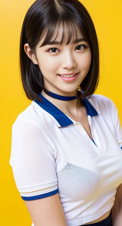 (A Gorgeous American-Chinese Lady, age 28, Tight Thin White Polo-Shirt & Pink Pencil Skirt, BlackPink Choker, sexy pose, dimpled smile, short_bob_hair_side_bangs, cute snaggletooth, well-endowed round bosom, photorealistic, beautiful detailed eyes, hyper-realism, high contrast, ultra HD, realistic skin textures, top image quality, top-quality, super high resolution, fine details, very meticulously, head_to_knees, High_Angle_Shot, simple yellow background)