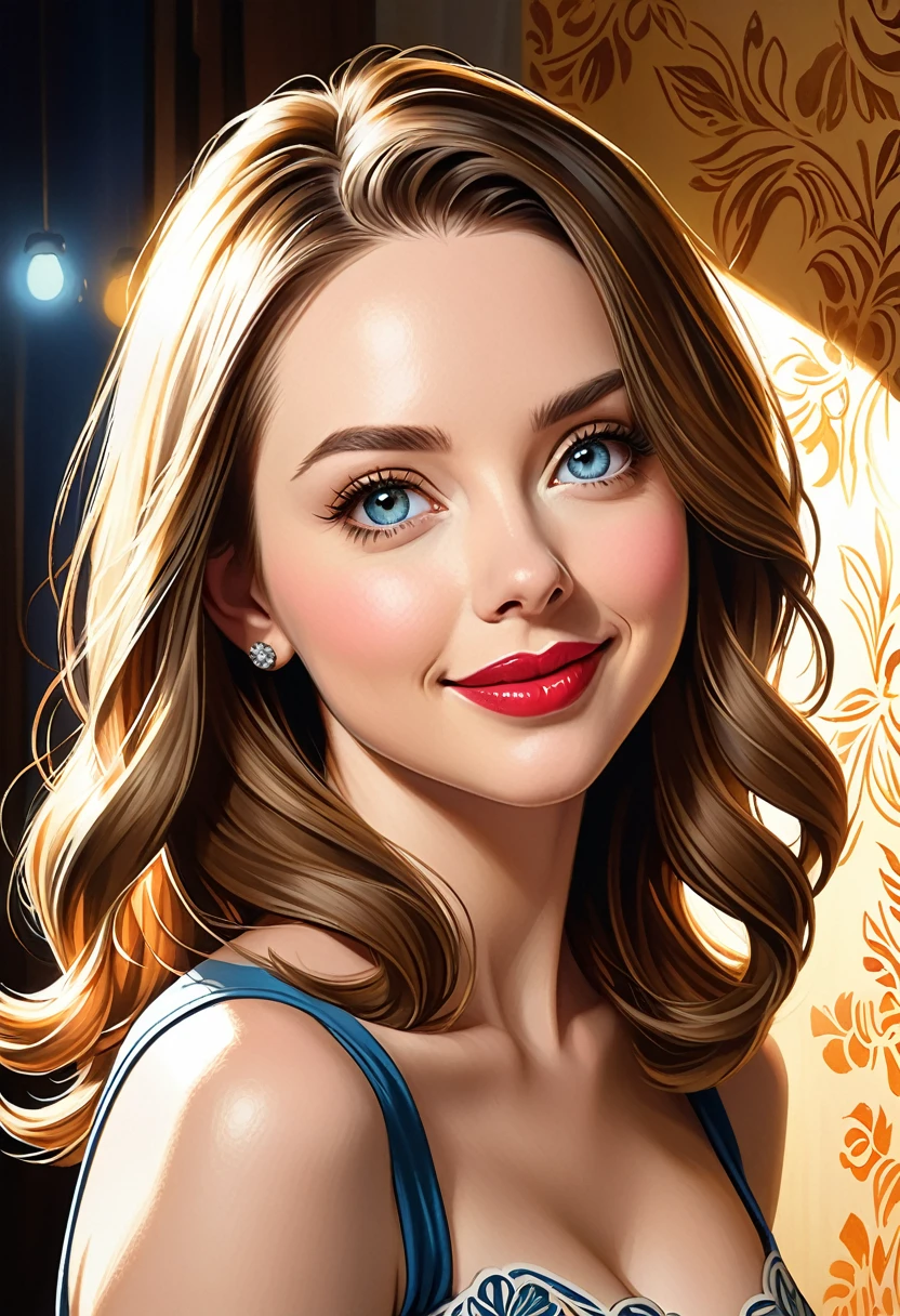Create an illustrated, hand-drawn, full-color image of an 50 house wife. featuring warm lighting and shadows. Include graphite shading, stencil marks, and airbrushed acrylic paint effects. The image should be of the highest quality, a masterpiece with intricate details.
She should have luscious lips, a wide smile, and bright, expressive eyes, exuding beauty, cuteness, and adorableness. Ensure the image is high resolution and sharply detailed, with a detailed and vibrant background. Scarlett Johanson, Alison Brie, Dove Cameron
Incorporate mystical lighting in the background, creating a romantic and enchanting atmosphere.