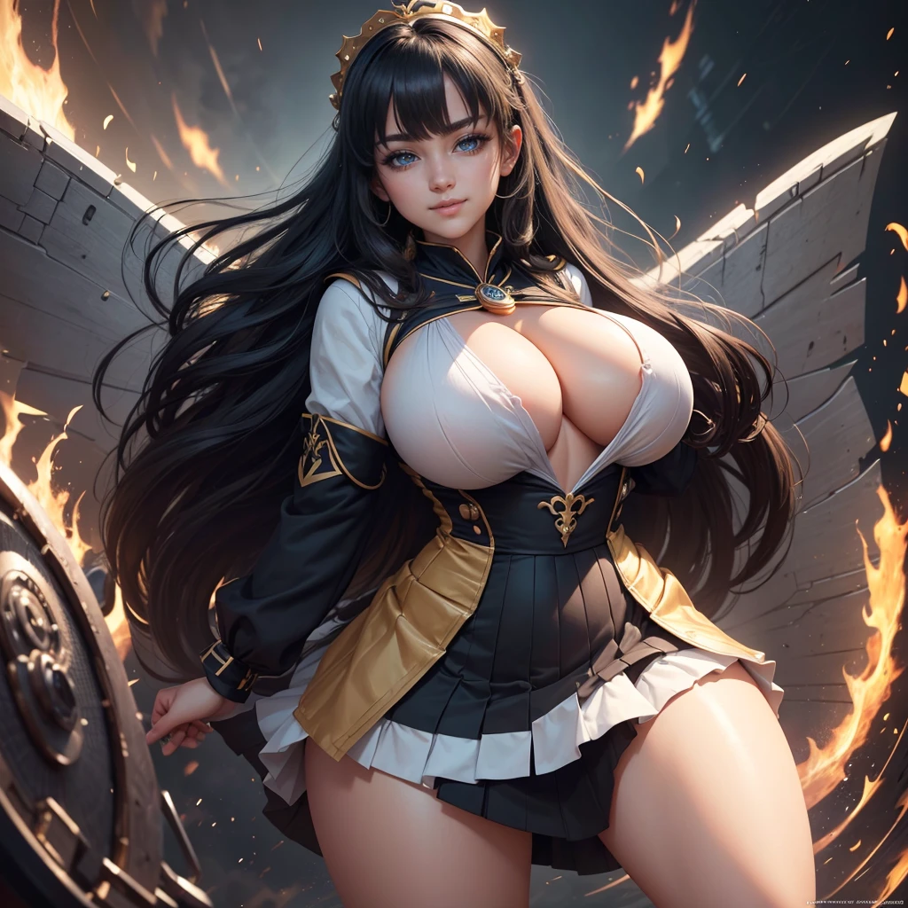 Highly detailed CG unit 8k wallpaper, masterpiece, High resolution, highest quality, highest quality real texture skin, Super Real, Digital Painting, Best image quality, 最High resolution, 8k, (((1 girl))), (Full Body Shot, Highly detailed eyes and face, Beautiful eyes in every detail), wave hair, smile, grin, typhoon, black hair, sailor uniform, mini skirt, , ((gigantic breasts, Heavy chest, Long breasts, Disproportionate breasts, Huge breasts, Big Breasts, , ))