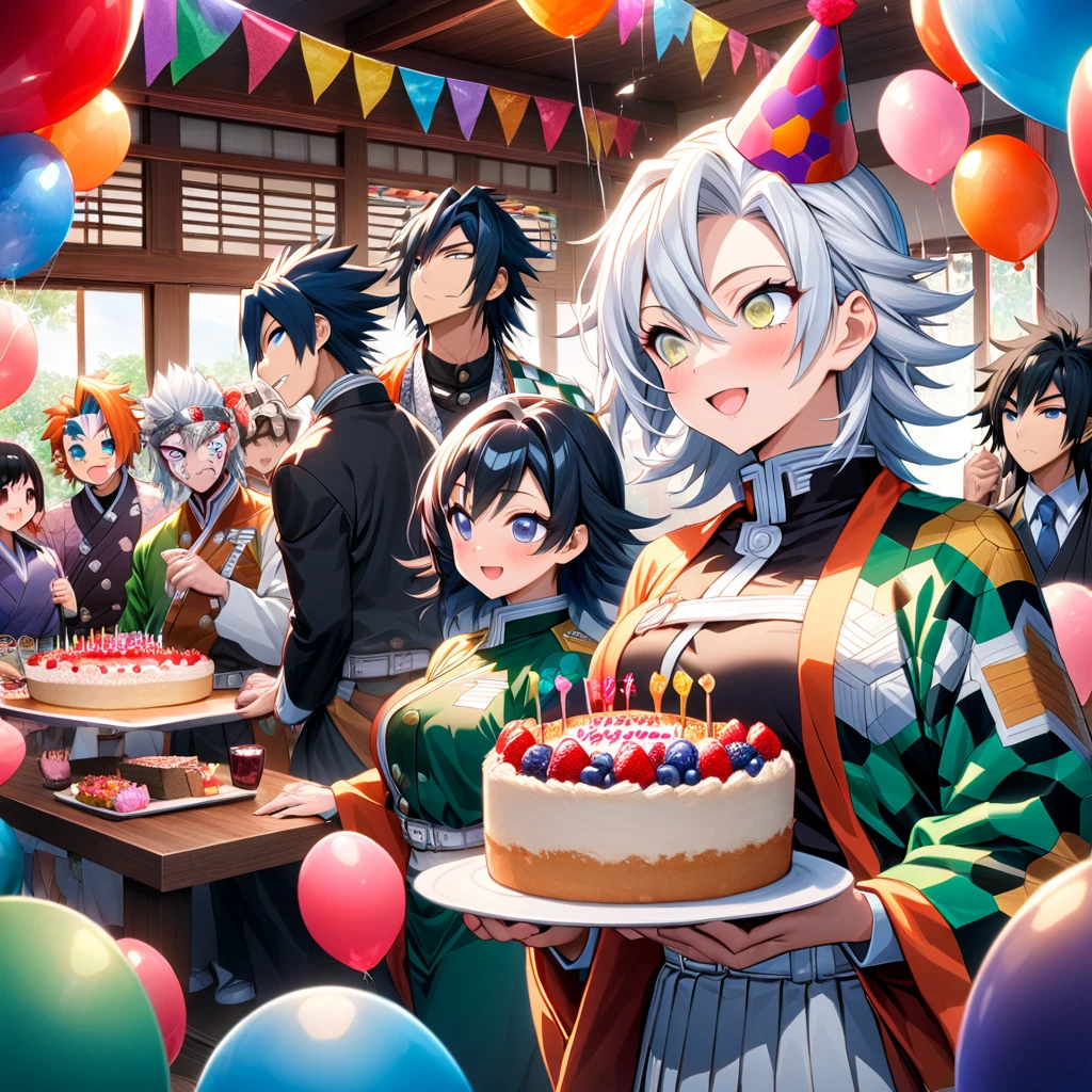 Ultra detailed, high resolution, absurd, HDR, masterpiece, anime man and woman, beautiful woman (with long white hair with deep red highlights, woman (with yellow eyes), haori, wearing anime uniform demon slayer corps, Kimetsu No Yaiba, the woman is holding a birthday cake, everyone is wearing a birthday hat, balloons on the ceiling, sweets, handsome Tomioka Giyu, Hashira, Sanemi Shinazugawa, Uzui Tengen, party, birthday hats, Japanese house, best quality, extremely detailed face, anime, it’s the birthday of the white hair woman, other girl with orange hair and eyes, blond kid, everybody is happy