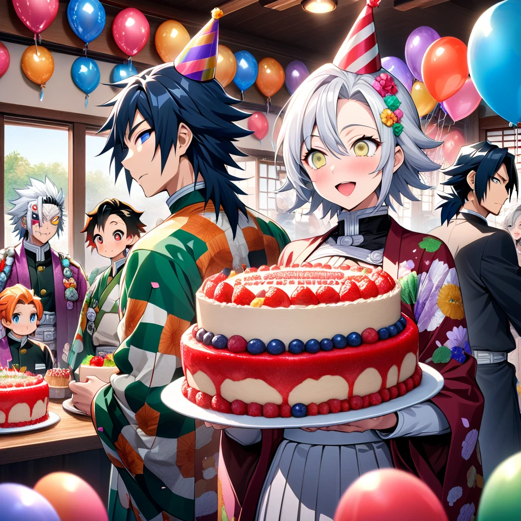Ultra detailed, high resolution, absurd, HDR, masterpiece, anime man and woman, beautiful woman (with long white hair with deep red highlights, woman (with yellow eyes), haori, wearing anime uniform demon slayer corps, Kimetsu No Yaiba, the woman is holding a birthday cake, everyone is wearing a birthday hat, balloons on the ceiling, sweets, handsome Tomioka Giyu, Hashira, Sanemi Shinazugawa, Uzui Tengen, party, birthday hats, Japanese house, best quality, extremely detailed face, anime, it’s the birthday of the white hair woman, other girl with orange hair and eyes, blond ???, everybody is happy