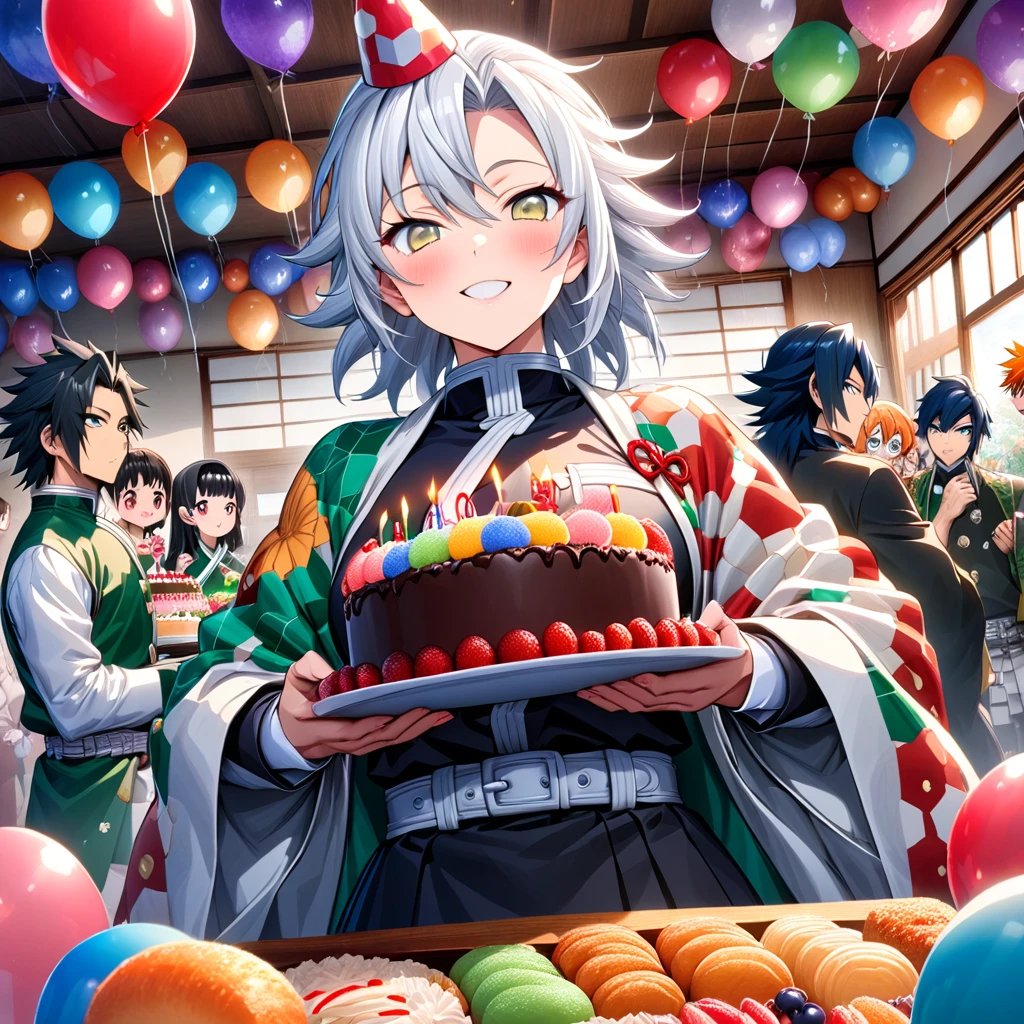 Ultra detailed, high resolution, absurd, HDR, masterpiece, anime man and woman, beautiful woman (with long white hair with deep red highlights, woman (with yellow eyes), haori, wearing anime uniform demon slayer corps, Kimetsu No Yaiba, the woman is holding a birthday cake, everyone is wearing a birthday hat, balloons on the ceiling, sweets, handsome Tomioka Giyu, Hashira, Sanemi Shinazugawa, Uzui Tengen, party, birthday hats, Japanese house, best quality, extremely detailed face, anime, it’s the birthday of the white hair woman, other girl with orange hair and eyes, blond kid, everybody is happy